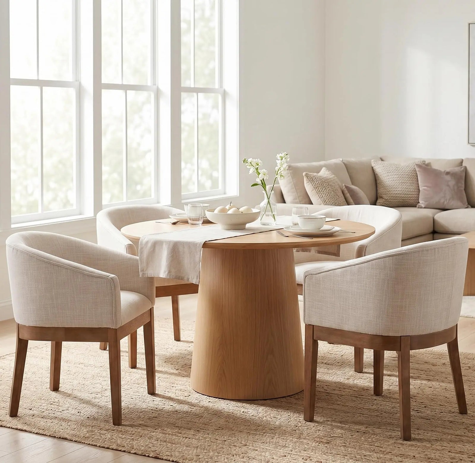 RIVOVA Upholstered Dining Chairs Set of 4 Modern Linen Dining Room Chairs Curved Back Kitchen Chairs with Black Wood Legs Barrel Accent Arm Chairs Mid-Century Farmhouse Side Chairs, Beige 