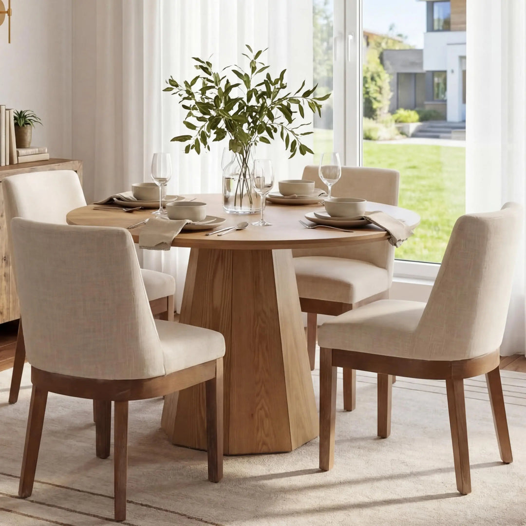RIVOVA Upholstered Dining Chairs, Set of 4, Linen Fabric, Hardwood Frame, Beige