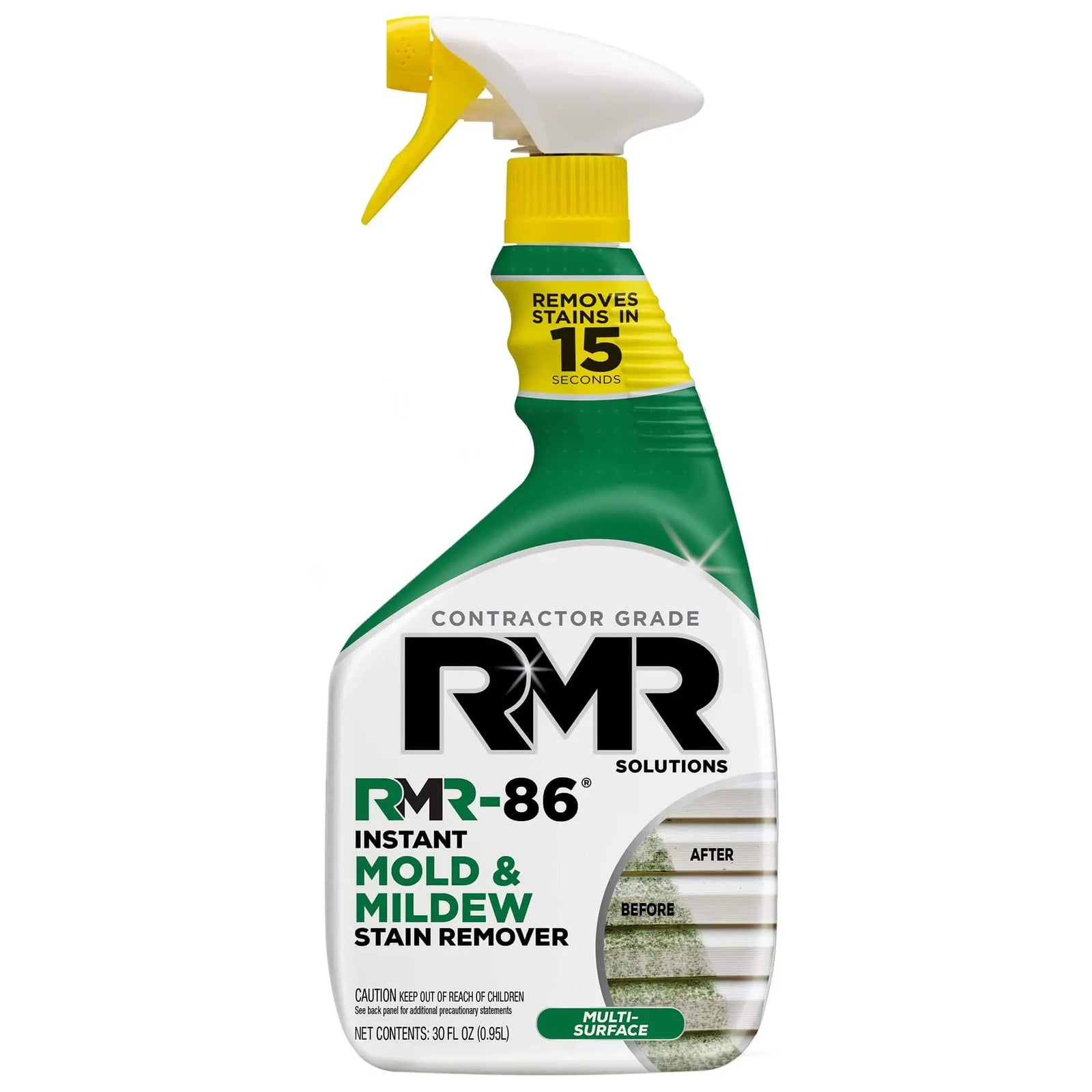 RMR-86 Instant Mold and Mildew Stain Remover Spray with scrub-free formula, 30 fl oz, effective stain removal in 15 seconds.