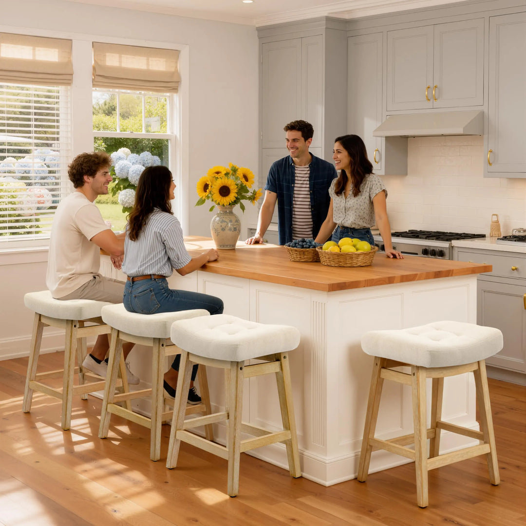 Counter Height Bar Stools Set of 3 for Kitchen Counter, Backless Farmhouse Island Short Barstools No Back with Padded Fabric Saddle Seat &amp; Solid Wood Legs Modern 24 inch Counter Top Bar Chairs, Khaki 