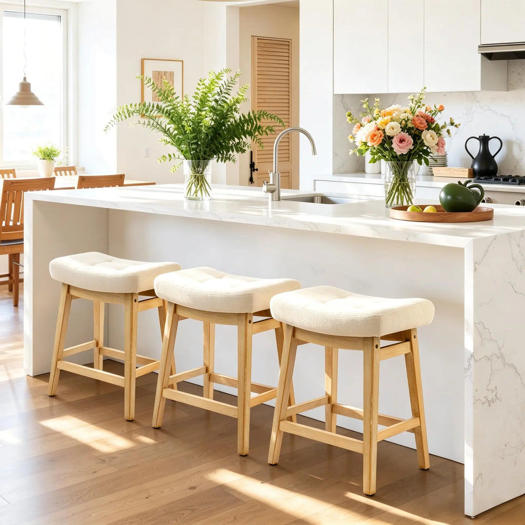 Counter Height Bar Stools Set of 3 for Kitchen Counter, Backless Farmhouse Island Short Barstools No Back with Padded Fabric Saddle Seat &amp; Solid Wood Legs Modern 24 inch Counter Top Bar Chairs, Khaki 