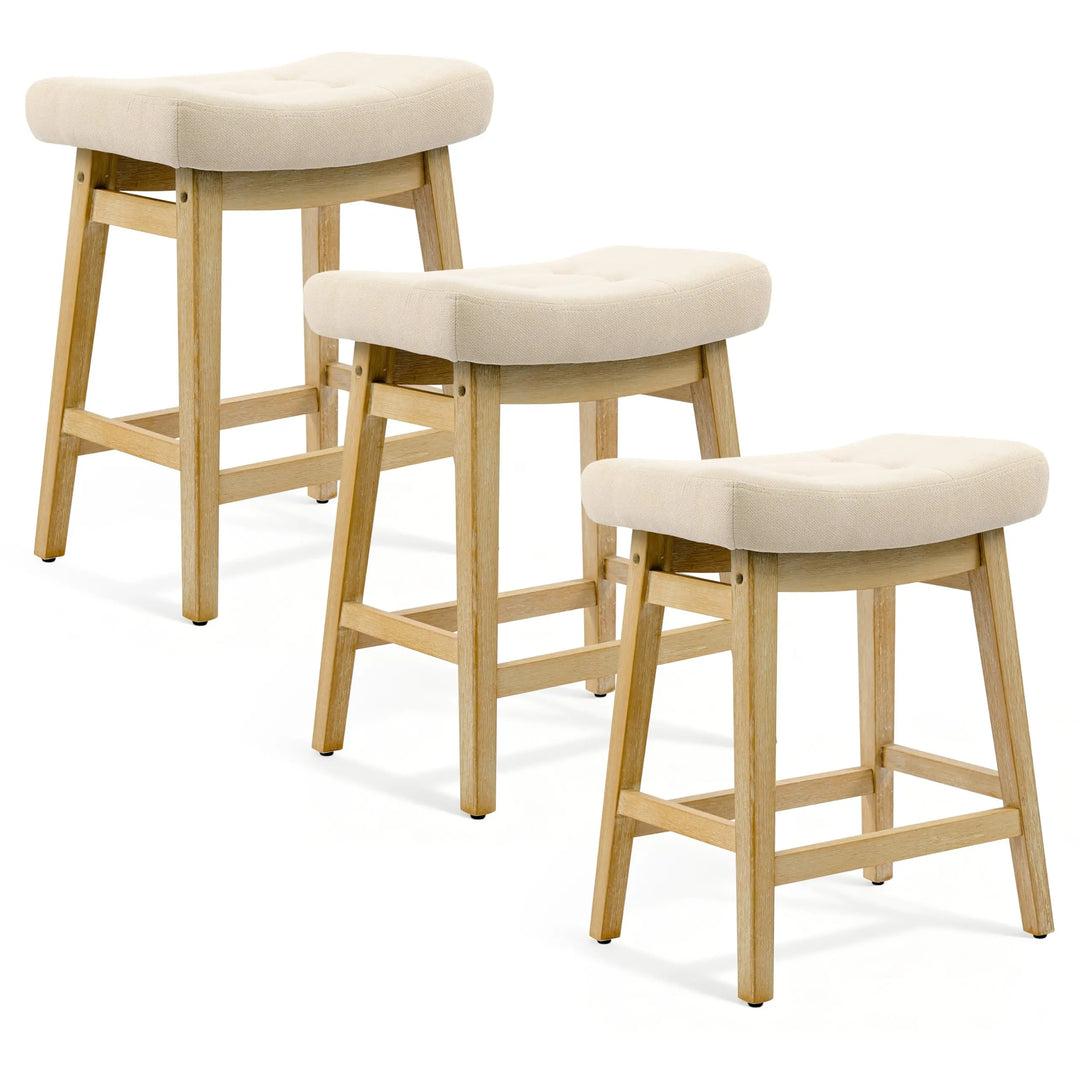 Counter Height Bar Stools Set of 3 for Kitchen Counter, Backless Farmhouse Island Short Barstools No Back with Padded Fabric Saddle Seat &amp; Solid Wood Legs Modern 24 inch Counter Top Bar Chairs, Khaki 