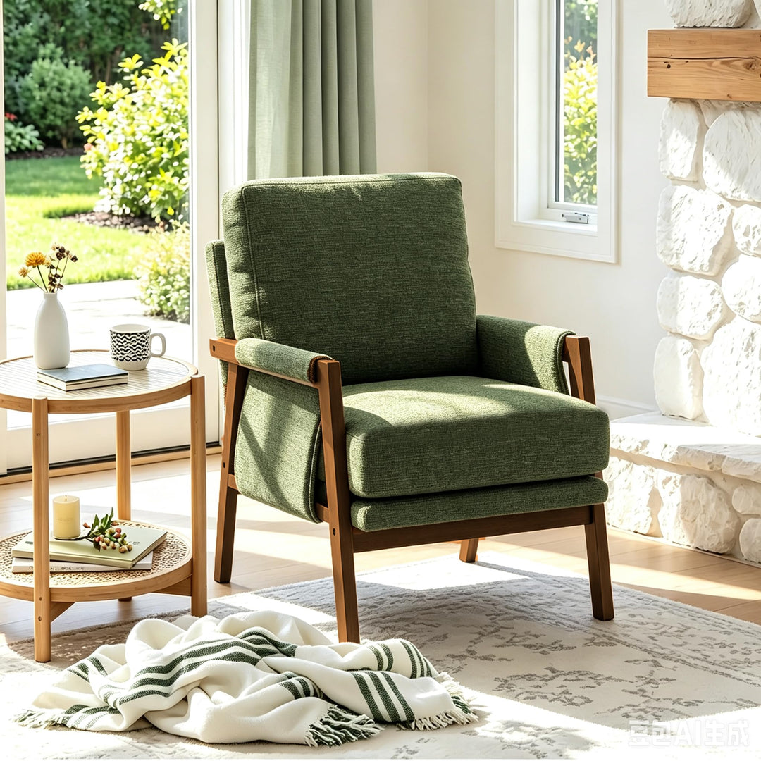 RNKSFX Green Accent Chair for Bedroom &amp; Living Room, Mid Century Modern Accent Arm Chair, Upholstered Anthropologie Accent Chair with Solid Wood Frame, Fabric 