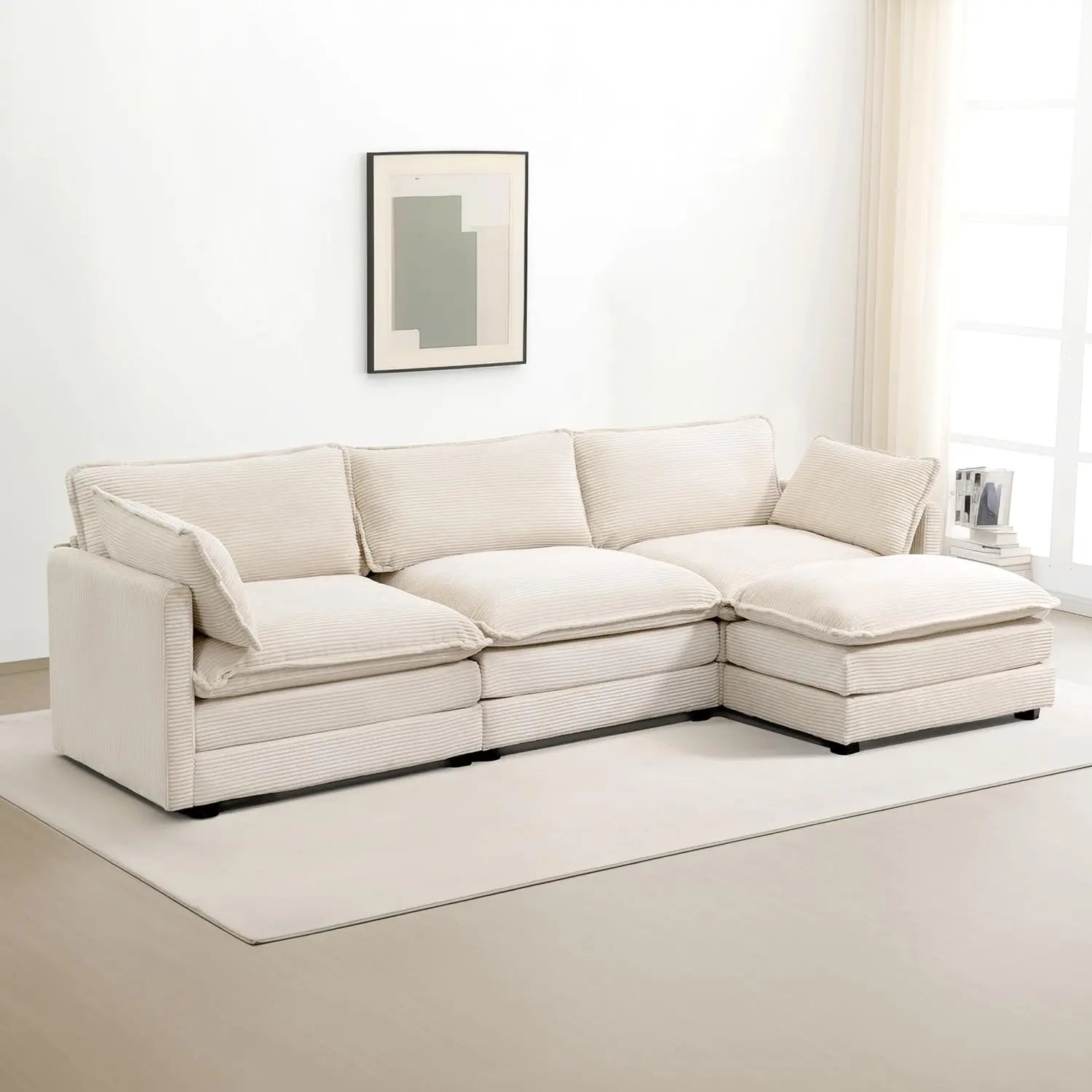 ROWHY Oversized Modular Sectional Sofa with Movable Ottoman, 112 Inch 4 Seat Modern Corduroy Sofa Set, Convertible L Shaped Couch for Living Room and Office, Beige 