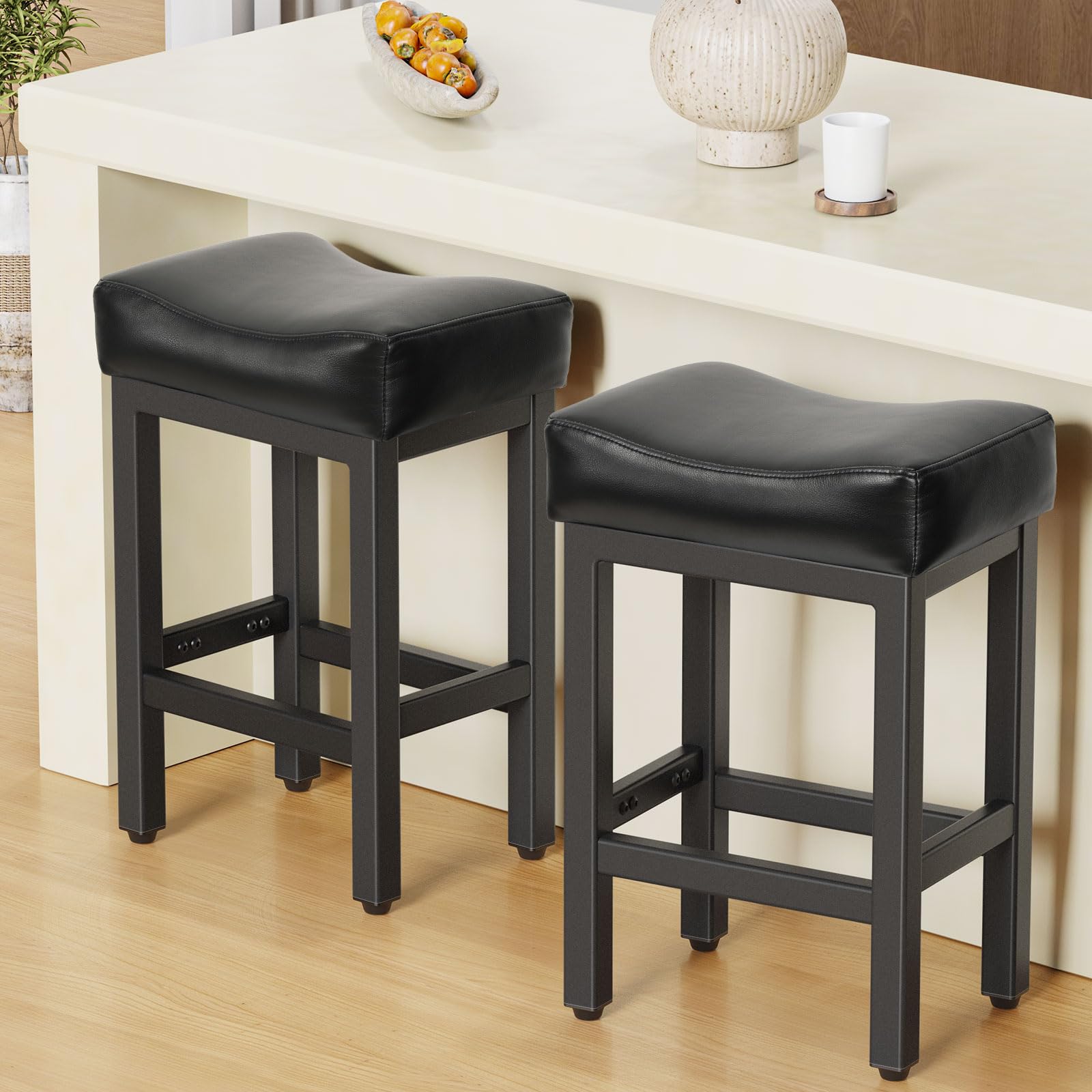 Raynesys 24 Inche Bonded Leather Counter Height Bar Stools Set of 2 Square 