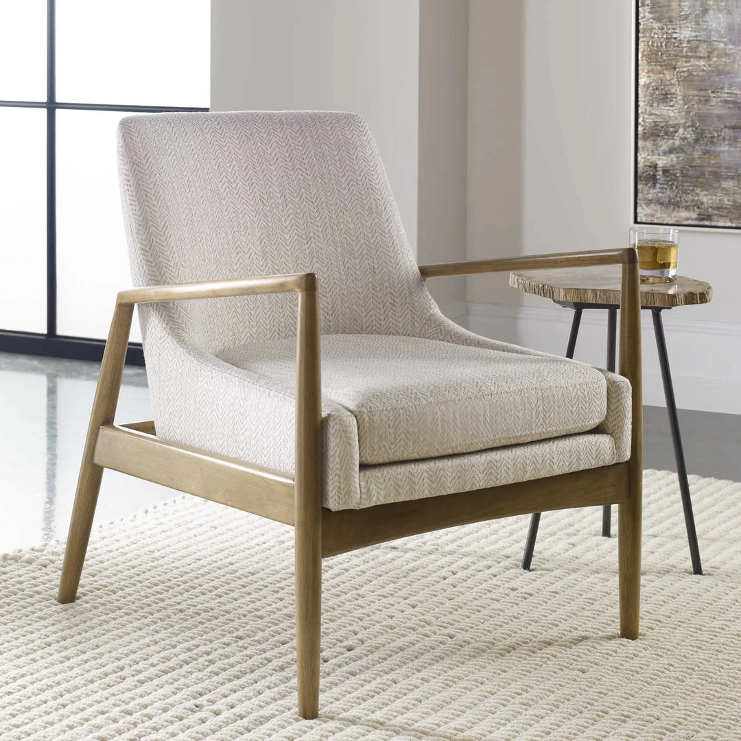 Retro Scandinavian Style Accent Arm Chair, Exposed Wood Frame, Light Chevron
