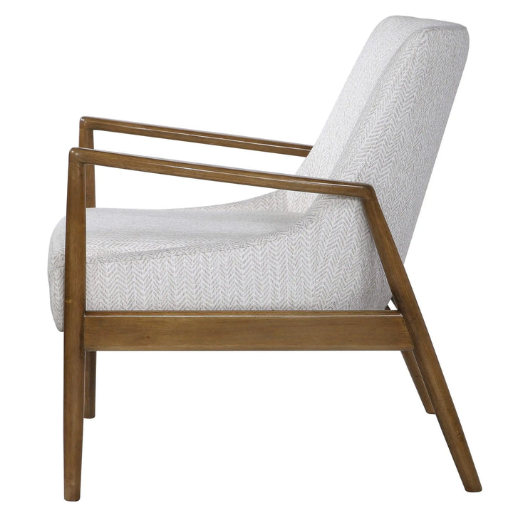 Retro Scandinavian Style Accent Arm Chair, Exposed Wood Frame, Light Chevron