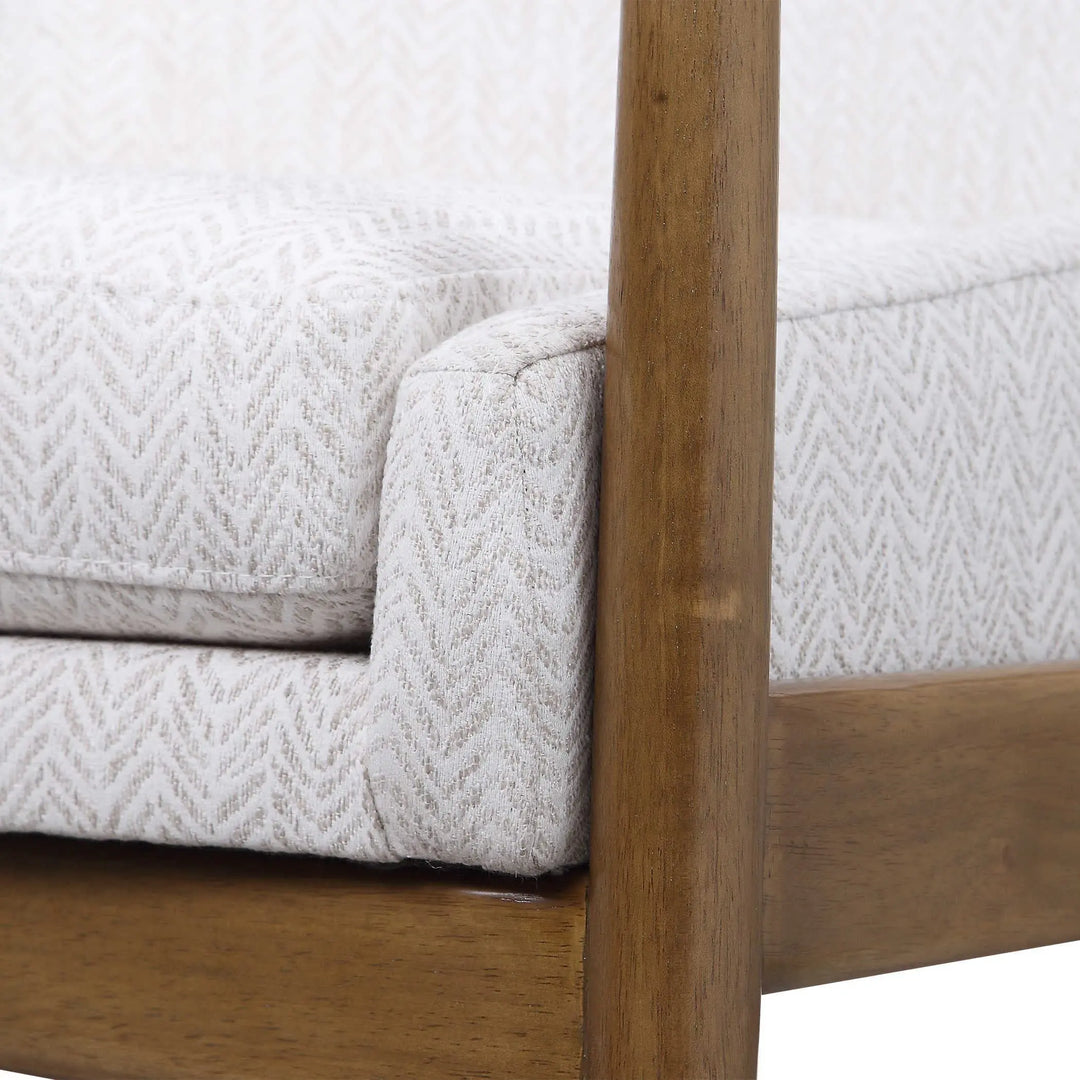 Retro Scandinavian Style Accent Arm Chair, Exposed Wood Frame, Light Chevron