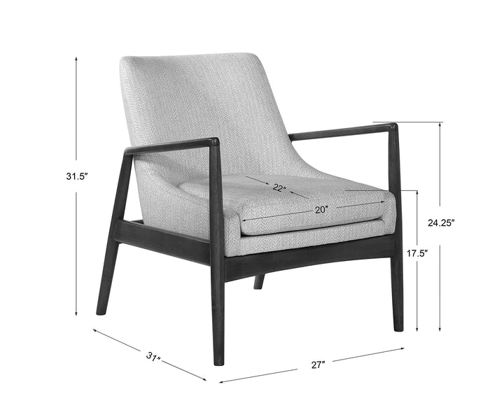 Retro Scandinavian Style Accent Arm Chair, Exposed Wood Frame, Light Chevron
