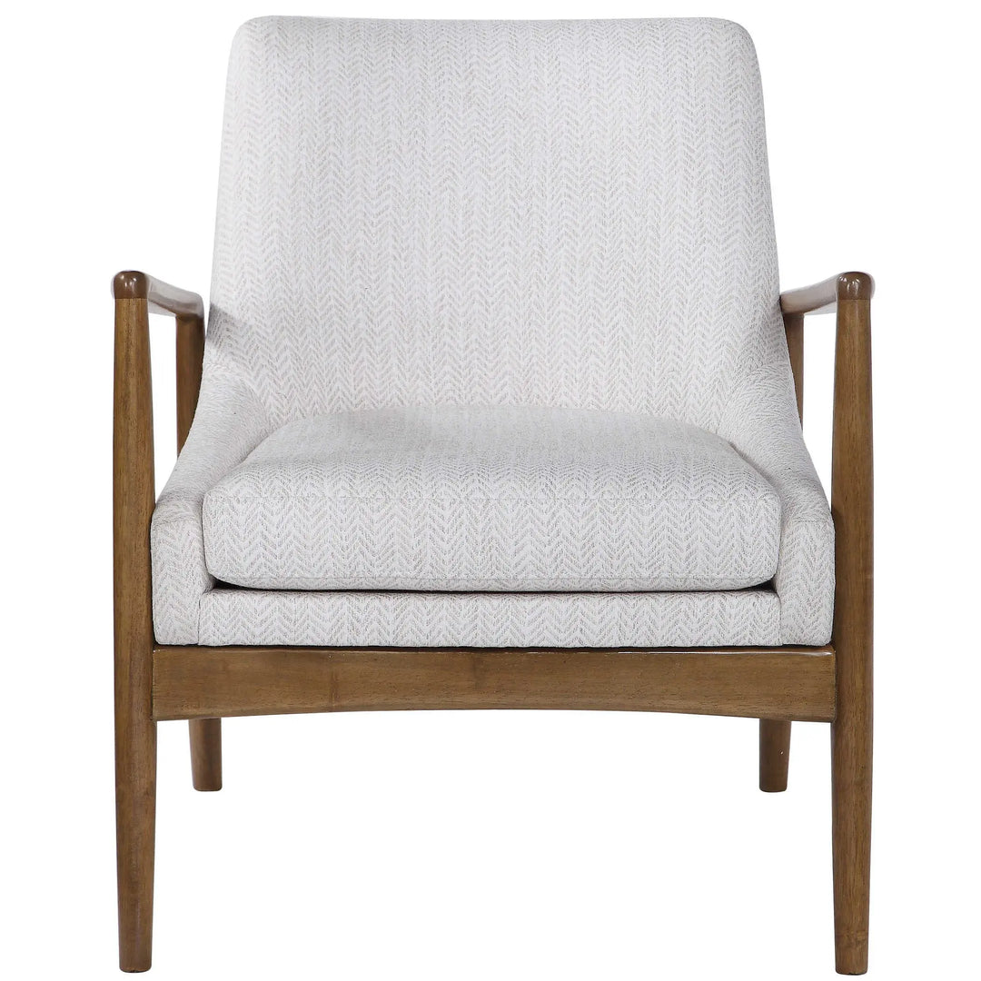 Retro Scandinavian Style Accent Arm Chair, Exposed Wood Frame, Light Chevron