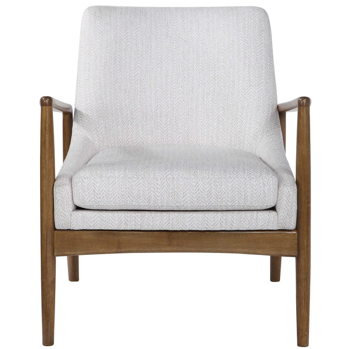 Retro Scandinavian Style Accent Arm Chair, Exposed Wood Frame, Light Chevron