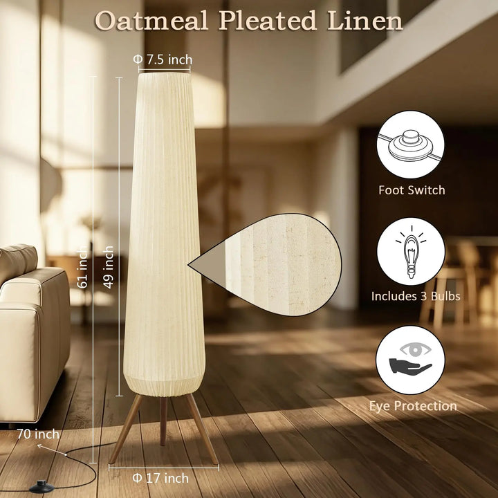 Reyokale 61'' Oatmeal Linen Pleated Floor Lamp, Walnut Wood Tripod Base