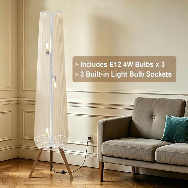 Reyokale 61'' Oatmeal Linen Pleated Floor Lamp, Walnut Wood Tripod Base