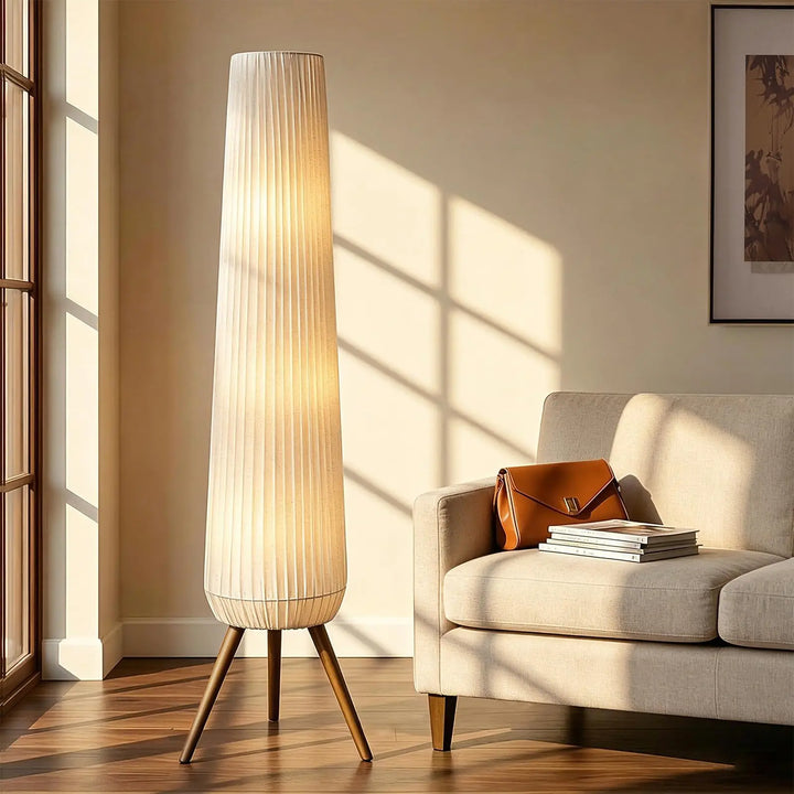 Reyokale 61'' Oatmeal Linen Pleated Floor Lamp, Walnut Wood Tripod Base