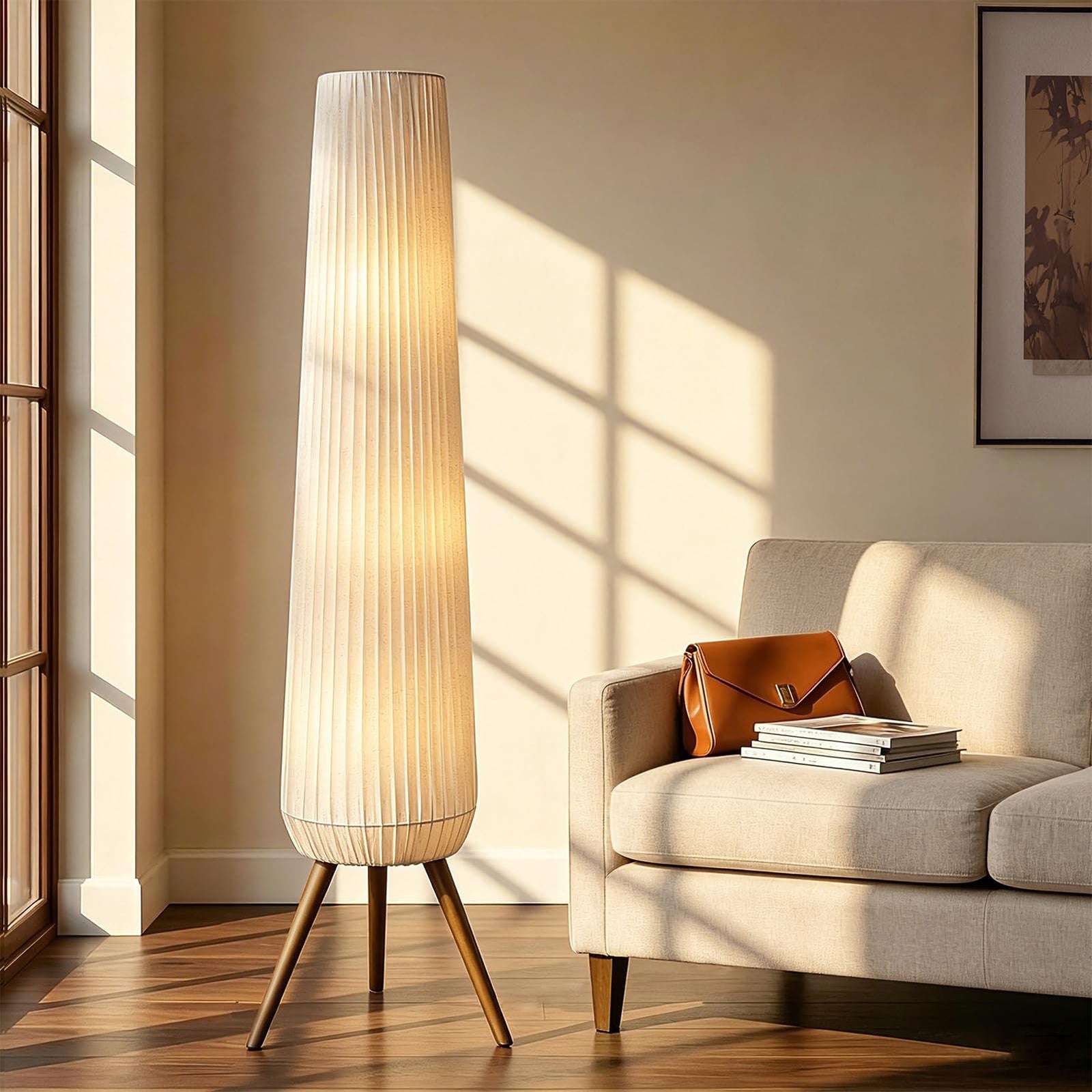 Reyokale 61'' Oatmeal Linen Pleated Floor Lamp, Walnut Wood Tripod Base 