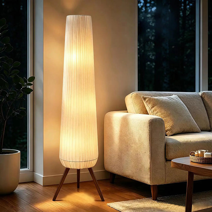 Reyokale 61'' Oatmeal Linen Pleated Floor Lamp, Walnut Wood Tripod Base