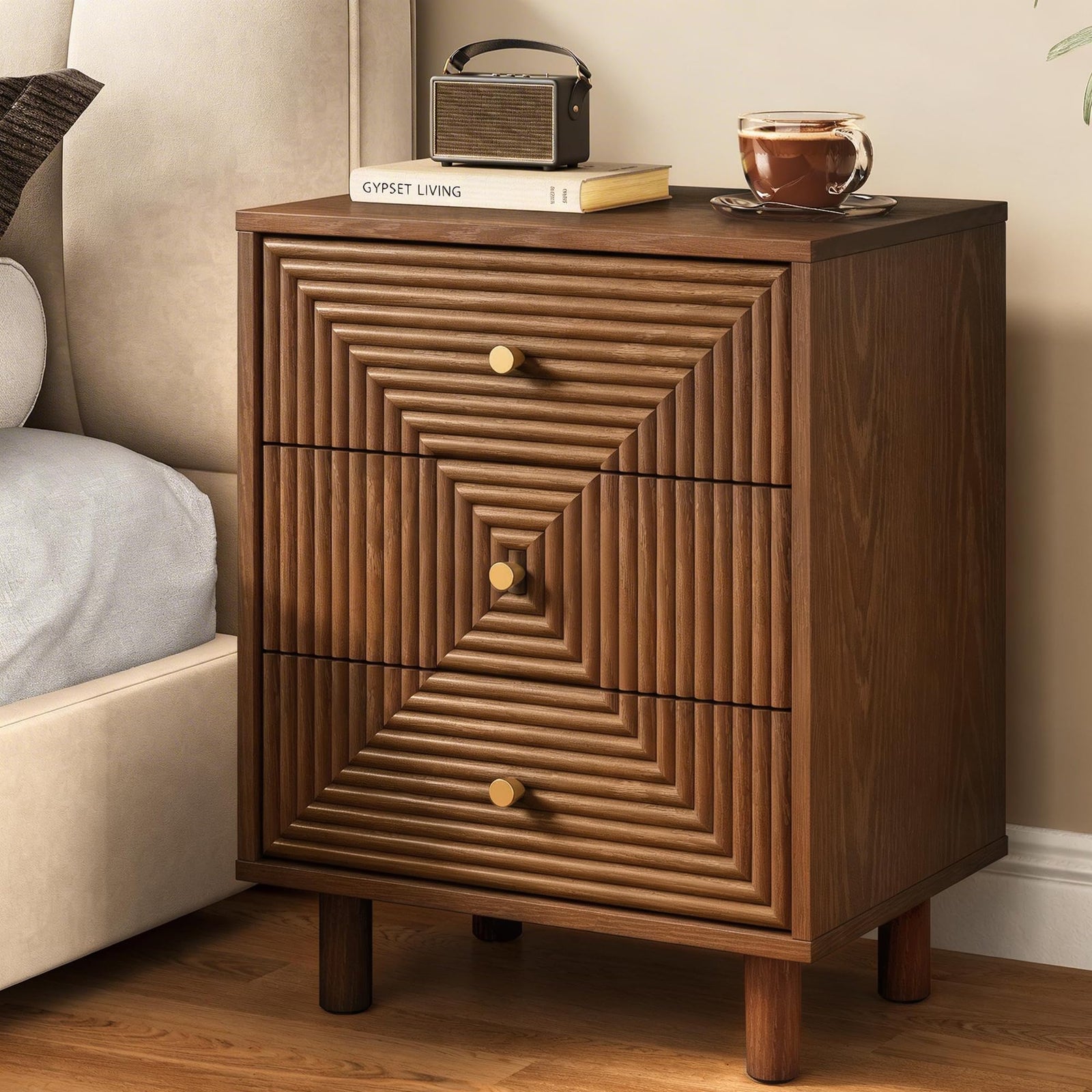 RoyalCraft 3 Drawer Nightstand for Bedroom, End Table with Solid Wood Legs 