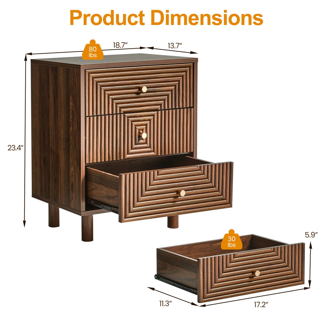 RoyalCraft 3 Drawer Nightstand for Bedroom, End Table with Solid Wood Legs 