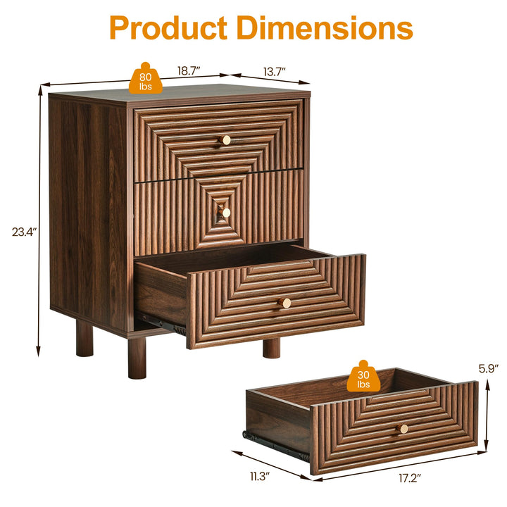 RoyalCraft 3 Drawer Nightstand for Bedroom, End Table with Solid Wood Legs 