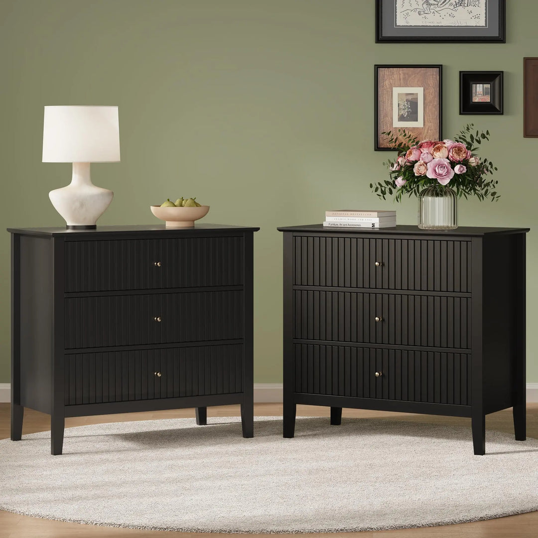 RoyalCraft 32" Large Nightstand Set of 2, Fluted Painted Bedside Table with 3 Spacious Drawers, Modern Tall End Table for Bedroom, Black 