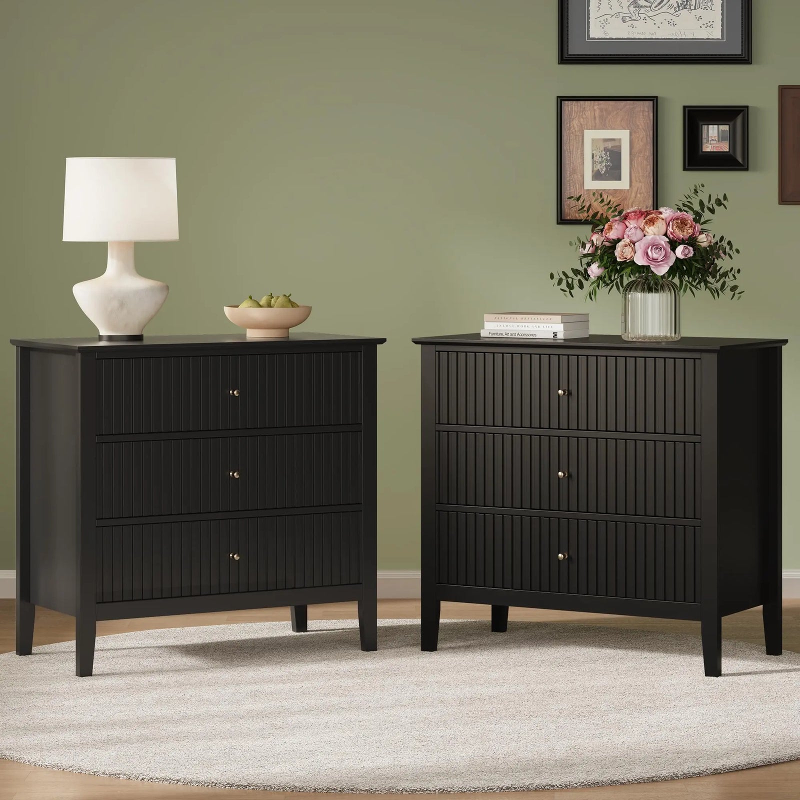 RoyalCraft 32" Large Nightstand Set of 2, Fluted Painted Bedside Table with 3 Spacious Drawers, Modern Tall End Table for Bedroom, Black 