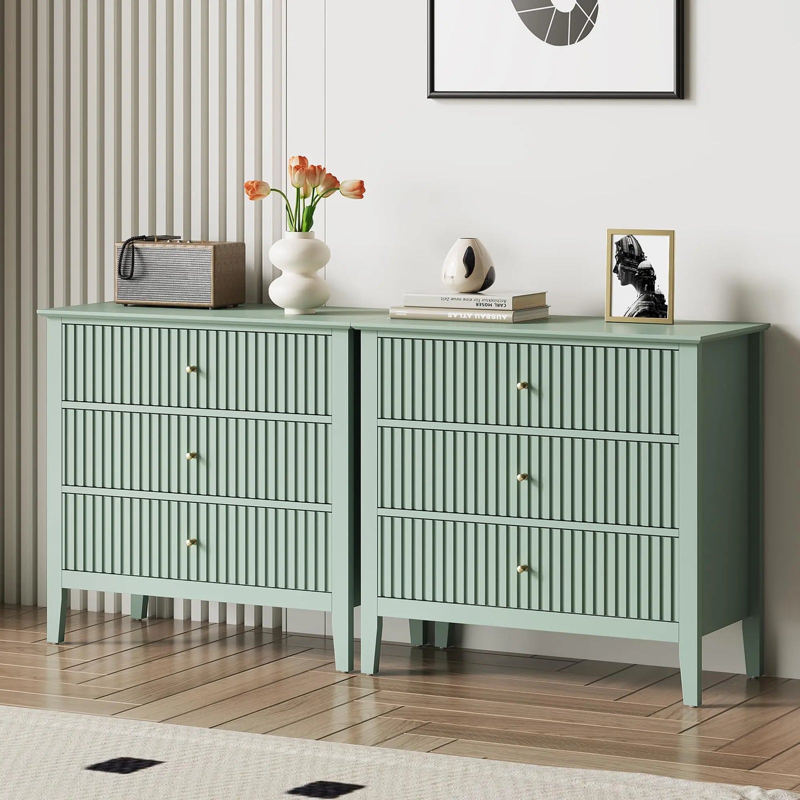 RoyalCraft 32" Large Nightstand Set of 2, Fluted Painted Bedside Table with 3 Spacious Drawers, Modern Tall End Table for Bedroom, Milky Green 