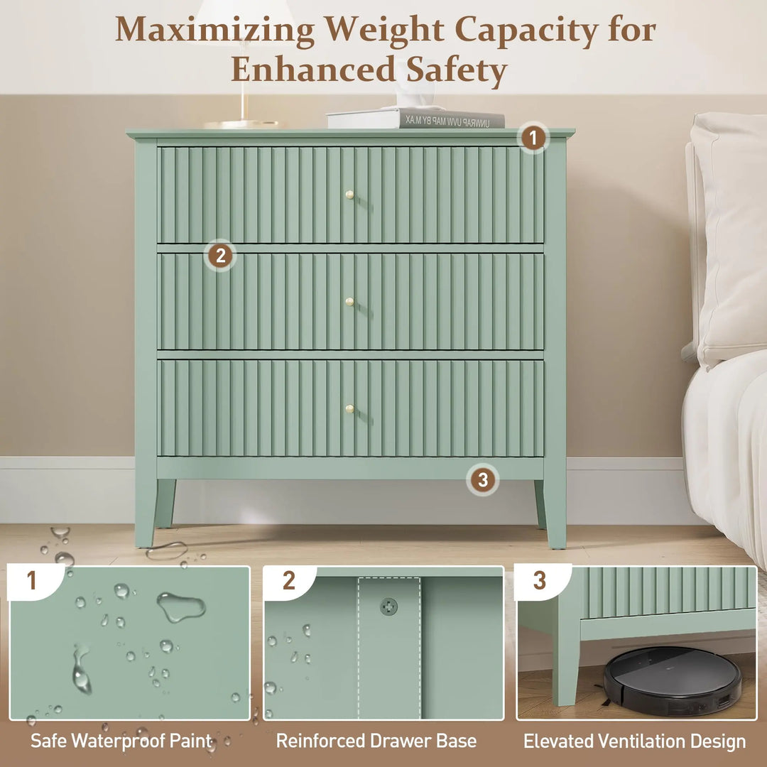RoyalCraft 32" Large Nightstand Set of 2, Fluted Painted Bedside Table with 3 Spacious Drawers, Modern Tall End Table for Bedroom, Milky Green 
