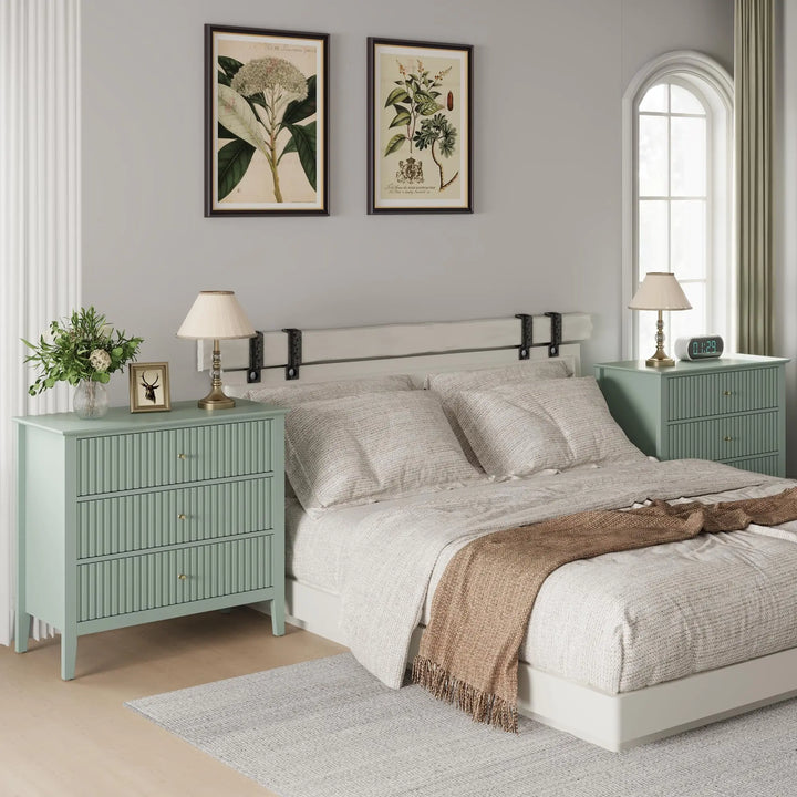 RoyalCraft 32" Large Nightstand Set of 2, Fluted Painted Bedside Table with 3 Spacious Drawers, Modern Tall End Table for Bedroom, Milky Green 