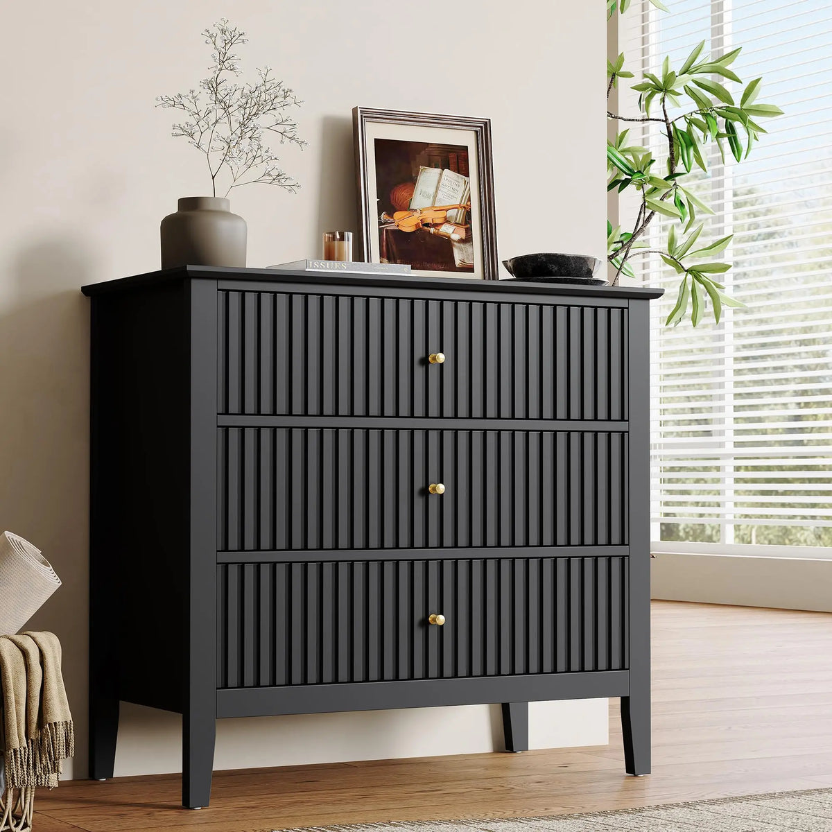 RoyalCraft 32" Large Nightstand, Fluted Painted Bedside Table with 3 Spacious Drawers, Modern Tall End Table for Bedroom, Black 
