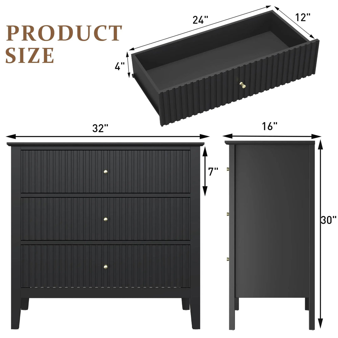 RoyalCraft 32" Large Nightstand, Fluted Painted Bedside Table with 3 Spacious Drawers, Modern Tall End Table for Bedroom, Black 