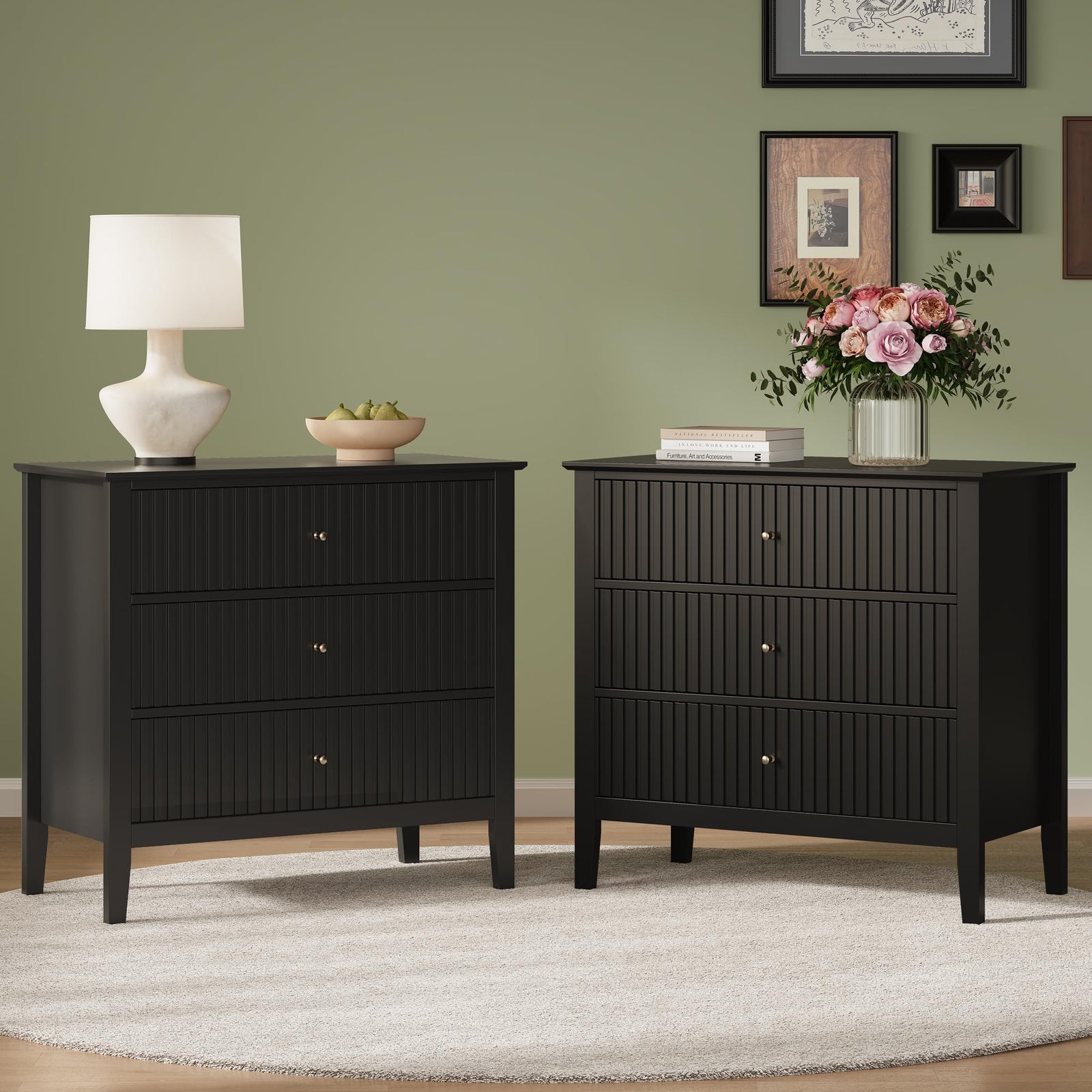 RoyalCraft 32" Large Nightstand Set of 2, Fluted Painted Bedside Table with 3 Spacious Drawers, Modern Tall End Table for Bedroom, Black 