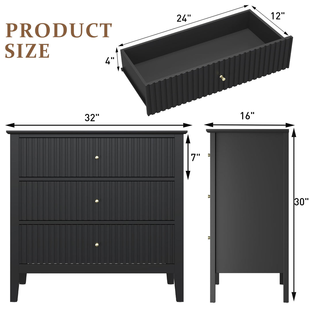 RoyalCraft 32" Large Nightstand Set of 2, Fluted Painted Bedside Table with 3 Spacious Drawers, Modern Tall End Table for Bedroom, Black 