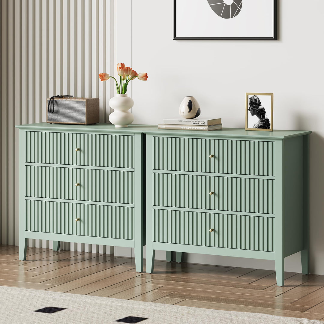 RoyalCraft 32" Large Nightstand Set of 2, Fluted Painted Bedside Table with 3 Spacious Drawers, Modern Tall End Table for Bedroom, Milky Green 