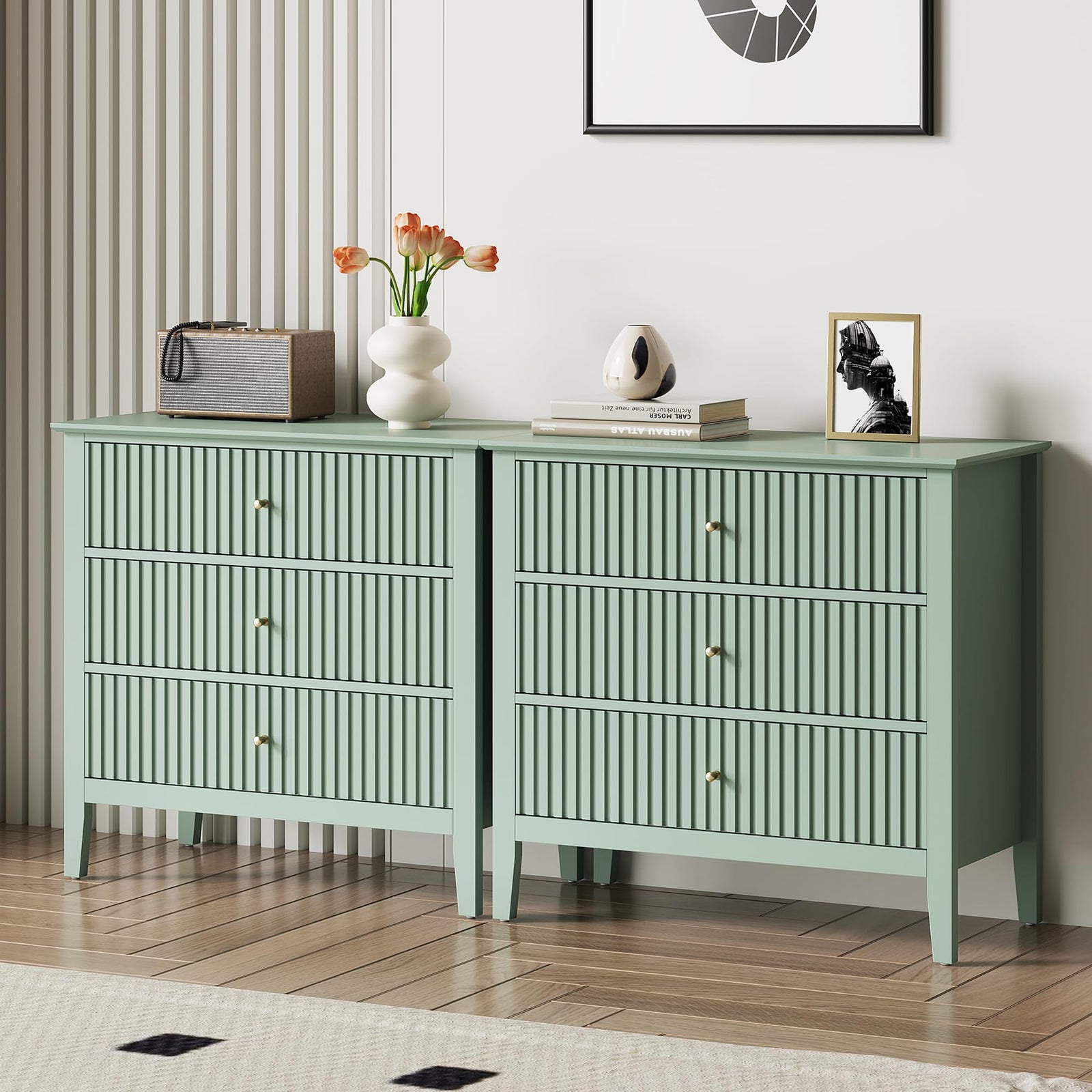 RoyalCraft 32" Large Nightstand Set of 2, Fluted Painted Bedside Table with 3 Spacious Drawers, Modern Tall End Table for Bedroom, Milky Green 