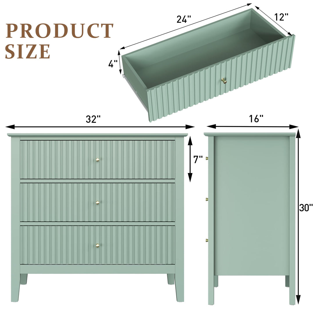 RoyalCraft 32" Large Nightstand Set of 2, Fluted Painted Bedside Table with 3 Spacious Drawers, Modern Tall End Table for Bedroom, Milky Green 