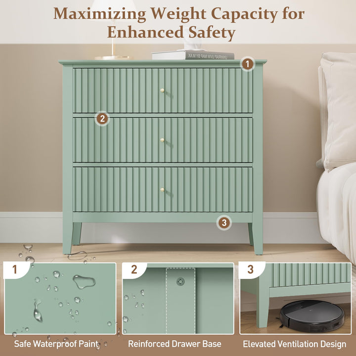 RoyalCraft 32" Large Nightstand Set of 2, Fluted Painted Bedside Table with 3 Spacious Drawers, Modern Tall End Table for Bedroom, Milky Green 