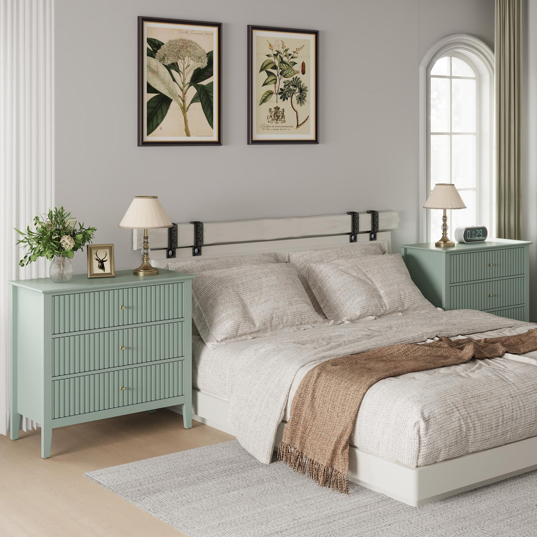 RoyalCraft 32" Large Nightstand Set of 2, Fluted Painted Bedside Table with 3 Spacious Drawers, Modern Tall End Table for Bedroom, Milky Green 