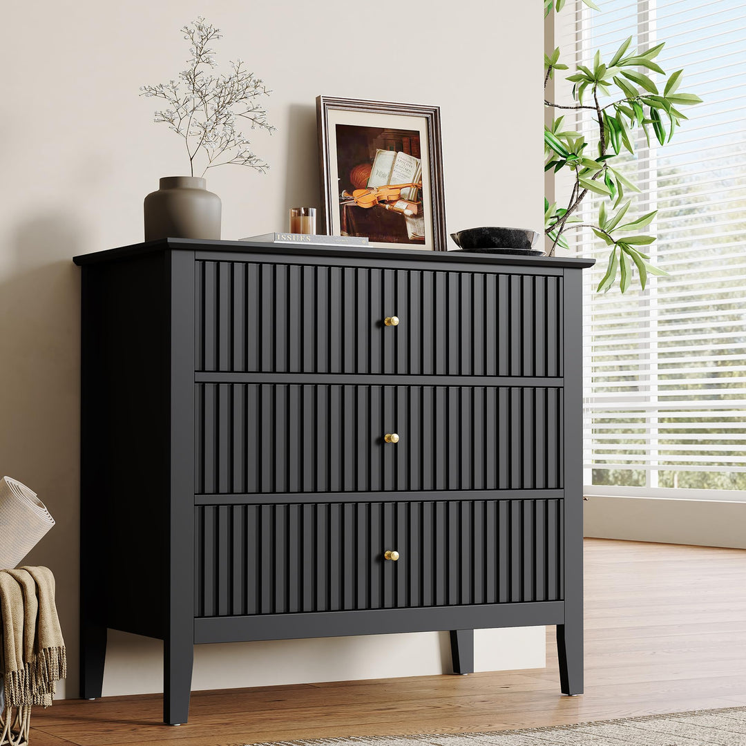RoyalCraft 32" Large Nightstand, Fluted Painted Bedside Table with 3 Spacious Drawers, Modern Tall End Table for Bedroom, Black 