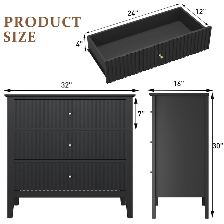 RoyalCraft 32" Large Nightstand, Fluted Painted Bedside Table with 3 Spacious Drawers, Modern Tall End Table for Bedroom, Black 