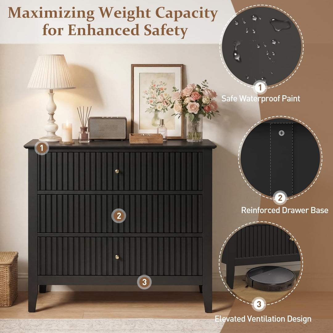 RoyalCraft 32" Large Nightstand, Fluted Painted Bedside Table with 3 Spacious Drawers, Modern Tall End Table for Bedroom, Black 