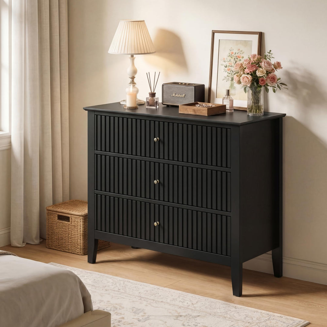 RoyalCraft 32" Large Nightstand, Fluted Painted Bedside Table with 3 Spacious Drawers, Modern Tall End Table for Bedroom, Black 