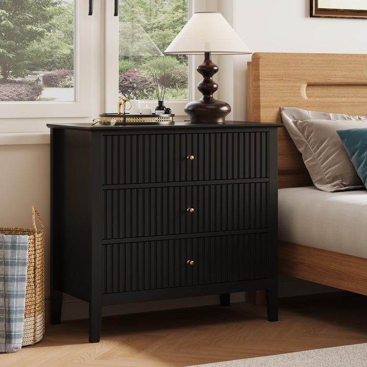 RoyalCraft 32" Large Nightstand, Fluted Painted Bedside Table with 3 Spacious Drawers, Modern Tall End Table for Bedroom, Black 
