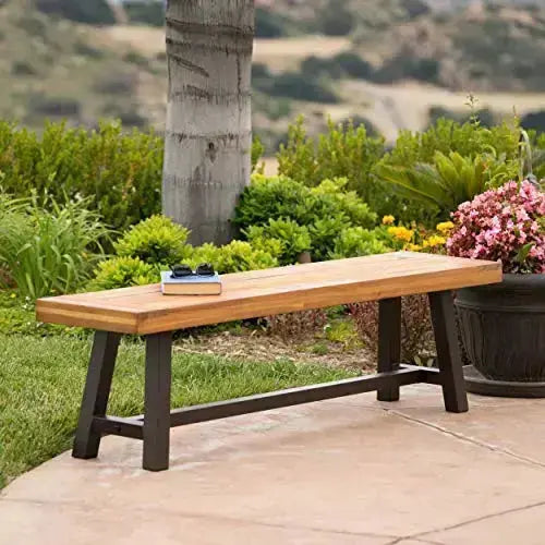 Christopher Knight Home Carlisle Outdoor Acacia Wood and Rustic Metal Bench, Sandblast Finish / Rustic Metal