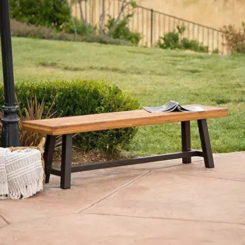 Christopher Knight Home Carlisle Outdoor Acacia Wood and Rustic Metal Bench, Sandblast Finish / Rustic Metal