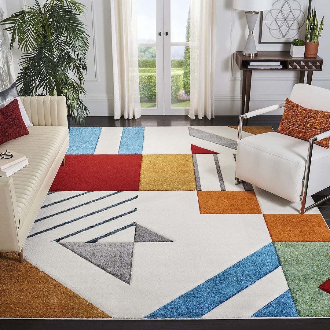 SAFAVIEH Area Rug 8x10 - Hollywood Collection - Large - Ivory &amp; Peacock Blue, Mid-Century Modern Design, Non-Shedding &amp; Easy Cleaning, Ideal for Living Room, Bedroom, Office, Dining Space (HLW709B) 