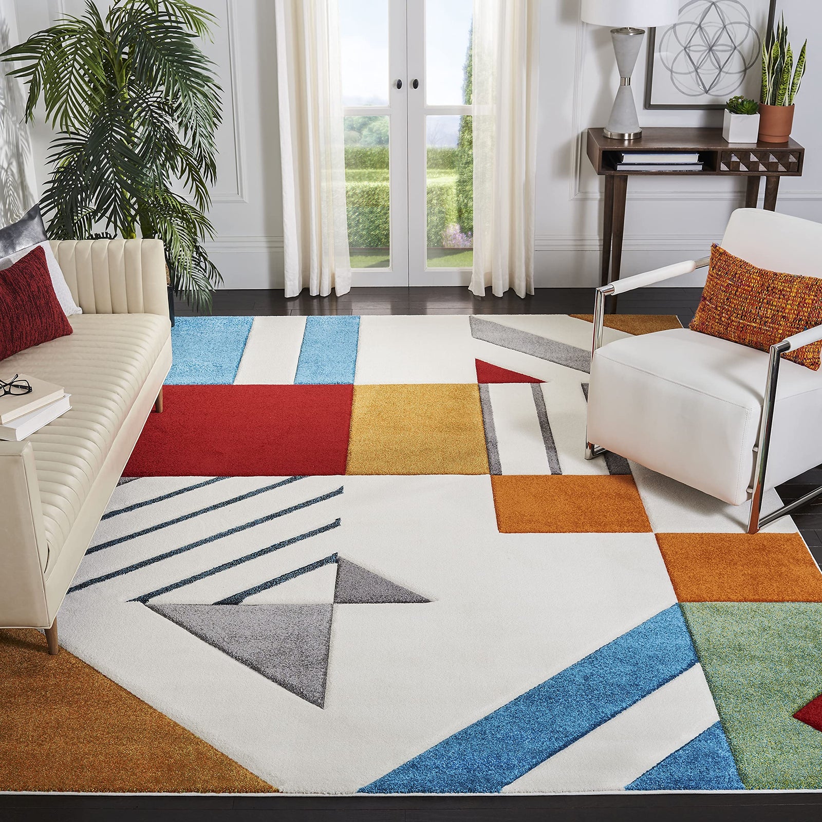 SAFAVIEH Area Rug 8x10 - Hollywood Collection - Large - Ivory & Peacock Blue, Mid-Century Modern Design, Non-Shedding & Easy Cleaning, Ideal for Living Room, Bedroom, Office, Dining Space (HLW709B) 