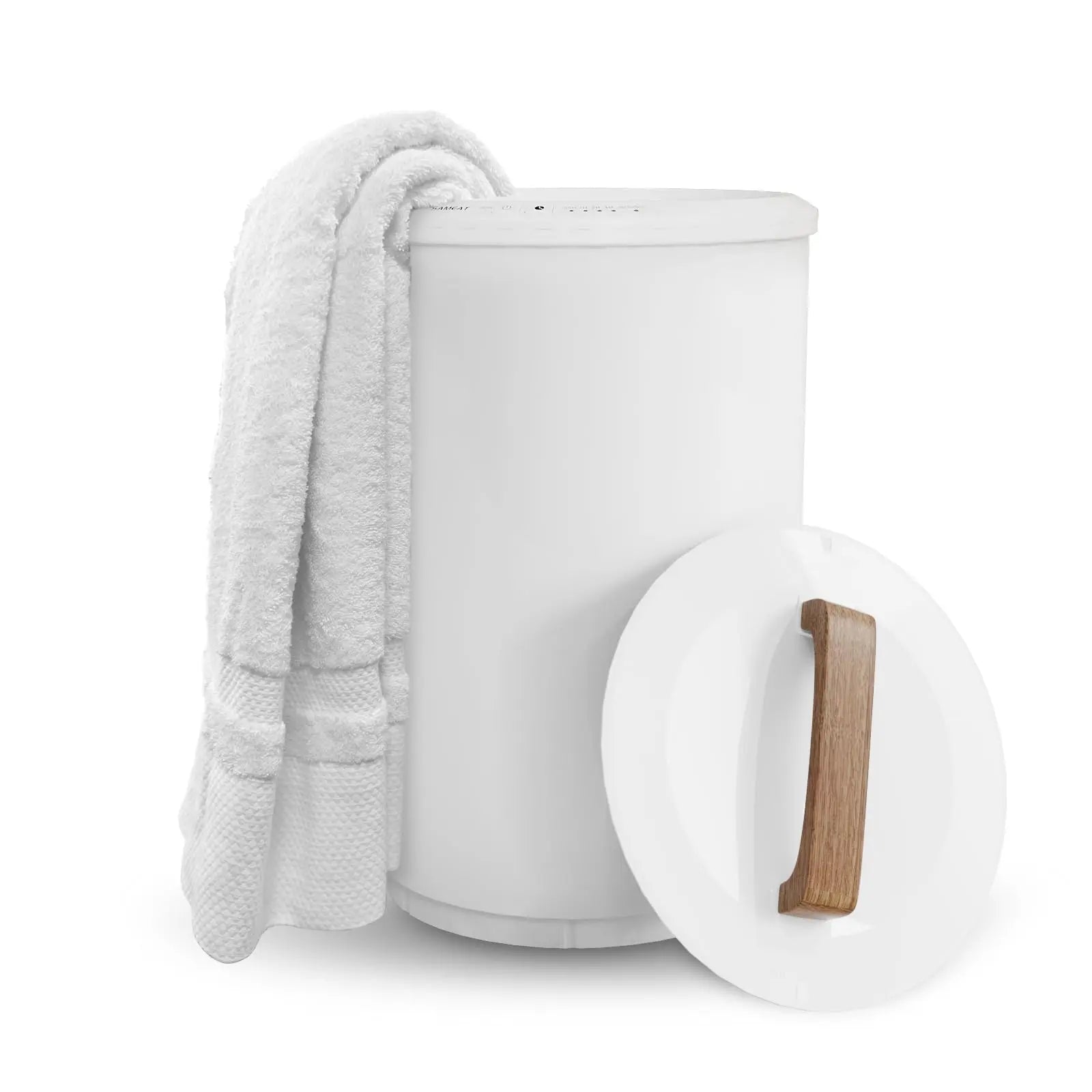 SAMEAT Heated Towel Warmers for Bathroom - Large Towel Warmer Bucket, Wood Handle, Auto Shut Off, Fits Up to Two 40"x70", Oversized Towels - White 
