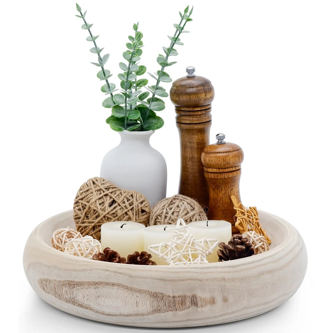 SAMGUYUE Wooden Decorative Bowls, 13 Inch Round Paulownia Wood Centerpiece Bowls for Home Decor, Natural Fruit Bowl for Coffee Table, Key Tray for Entryway Moss Holder (Wooden)