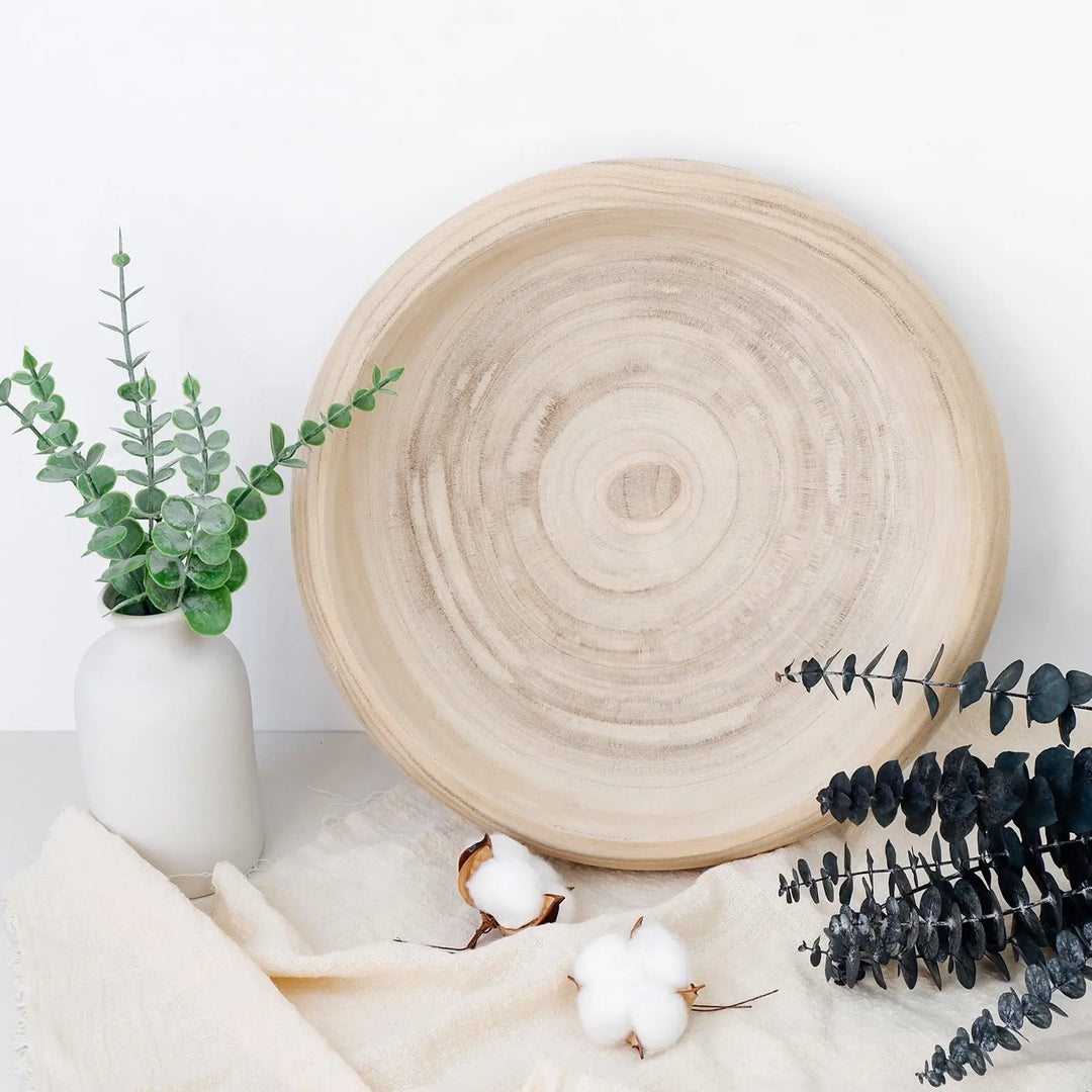 SAMGUYUE Wooden Decorative Bowls, 13 Inch Round Paulownia Wood Centerpiece Bowls for Home Decor, Natural Fruit Bowl for Coffee Table, Key Tray for Entryway Moss Holder (Wooden)