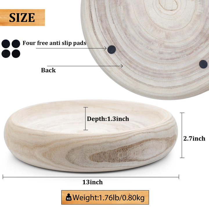 SAMGUYUE Wooden Decorative Bowls, 13 Inch Round Paulownia Wood Centerpiece Bowls for Home Decor, Natural Fruit Bowl for Coffee Table, Key Tray for Entryway Moss Holder (Wooden) 